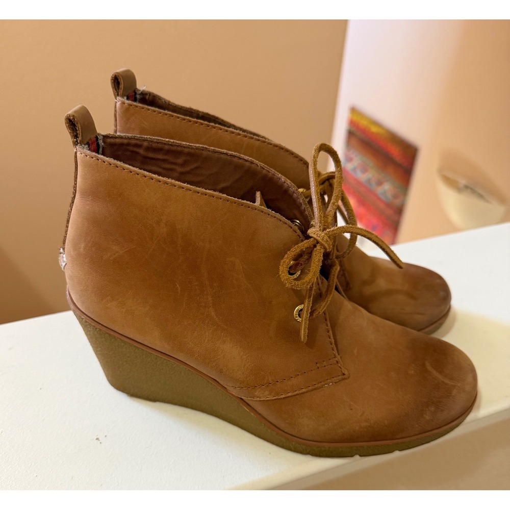 Sperry Womens 7.5 Tan Cognac Leather Distressed Wedge Ankle Booties Casual Shoes